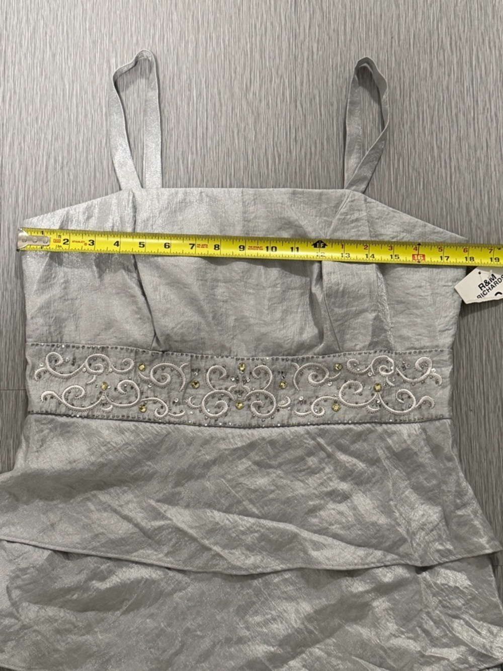 R&M Richards NWT Silver Tiered Ruffle Dress Beaded Waist Size 14 No Jacket - Picture 5 of 10